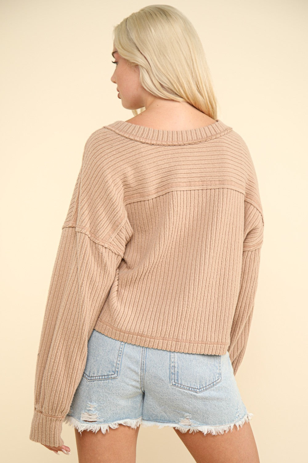 VERY J Exposed Seam V-Neck Ribbed Knit Top