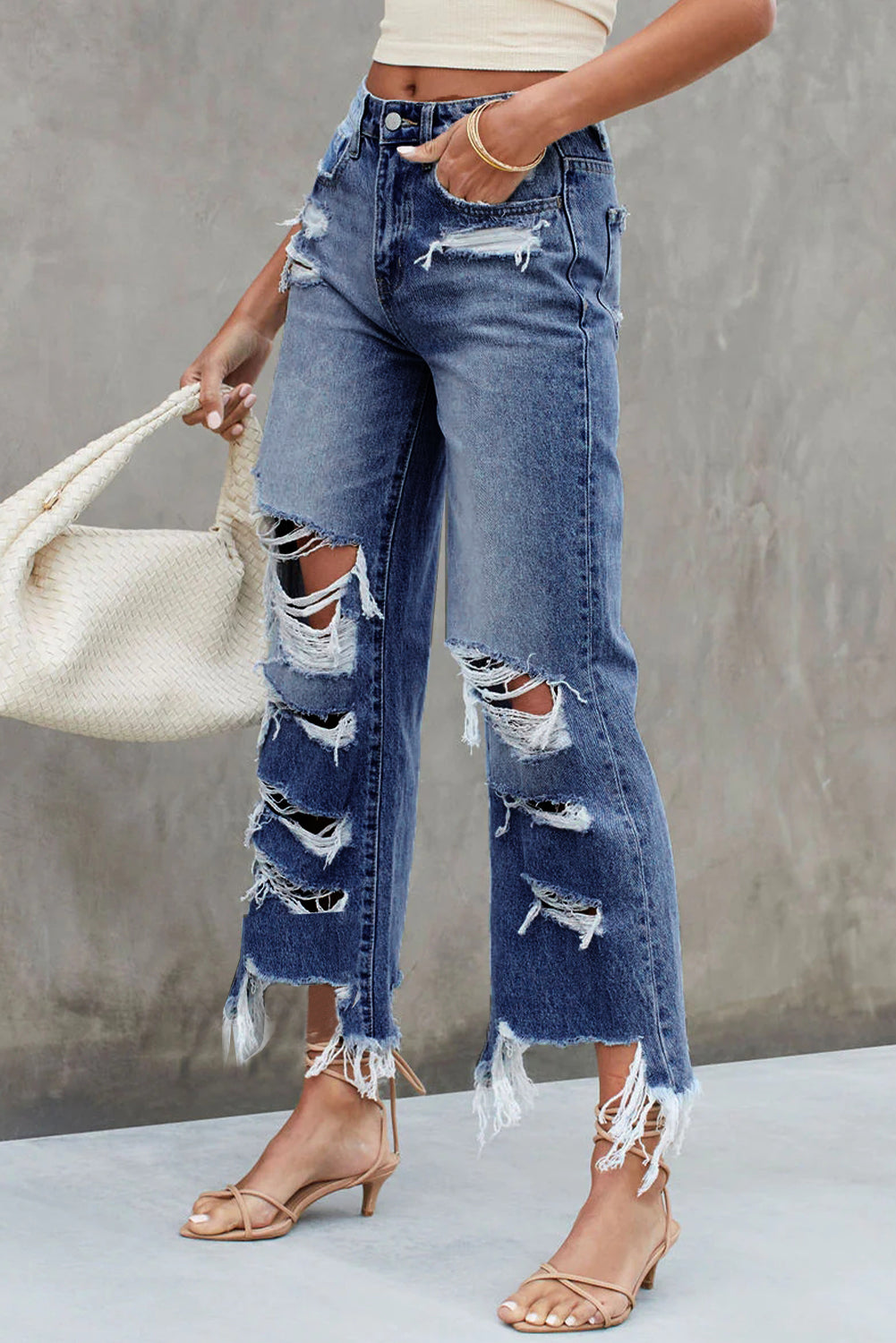 Distressed Raw Hem Jeans with Pockets