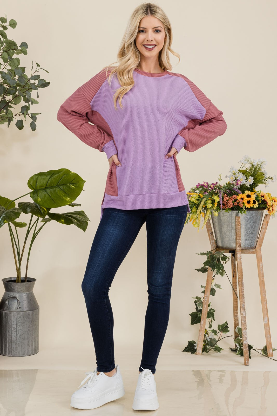 Celeste Full Size High-Low Contrast Round Neck Sweatshirt