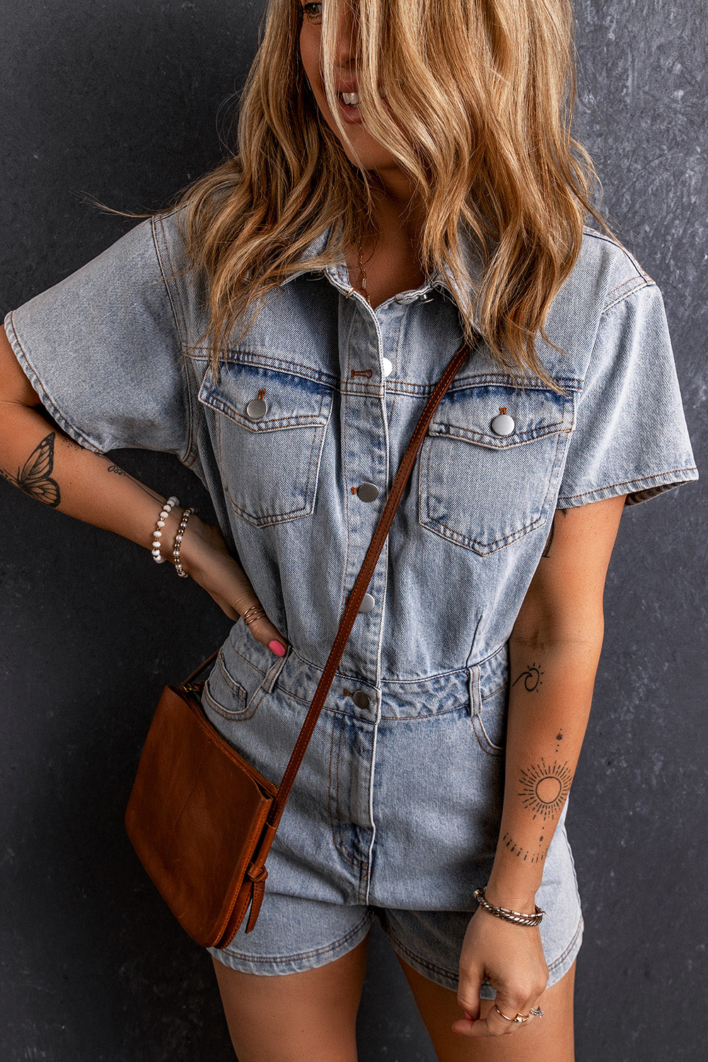 Collared Neck Short Sleeve Denim Romper