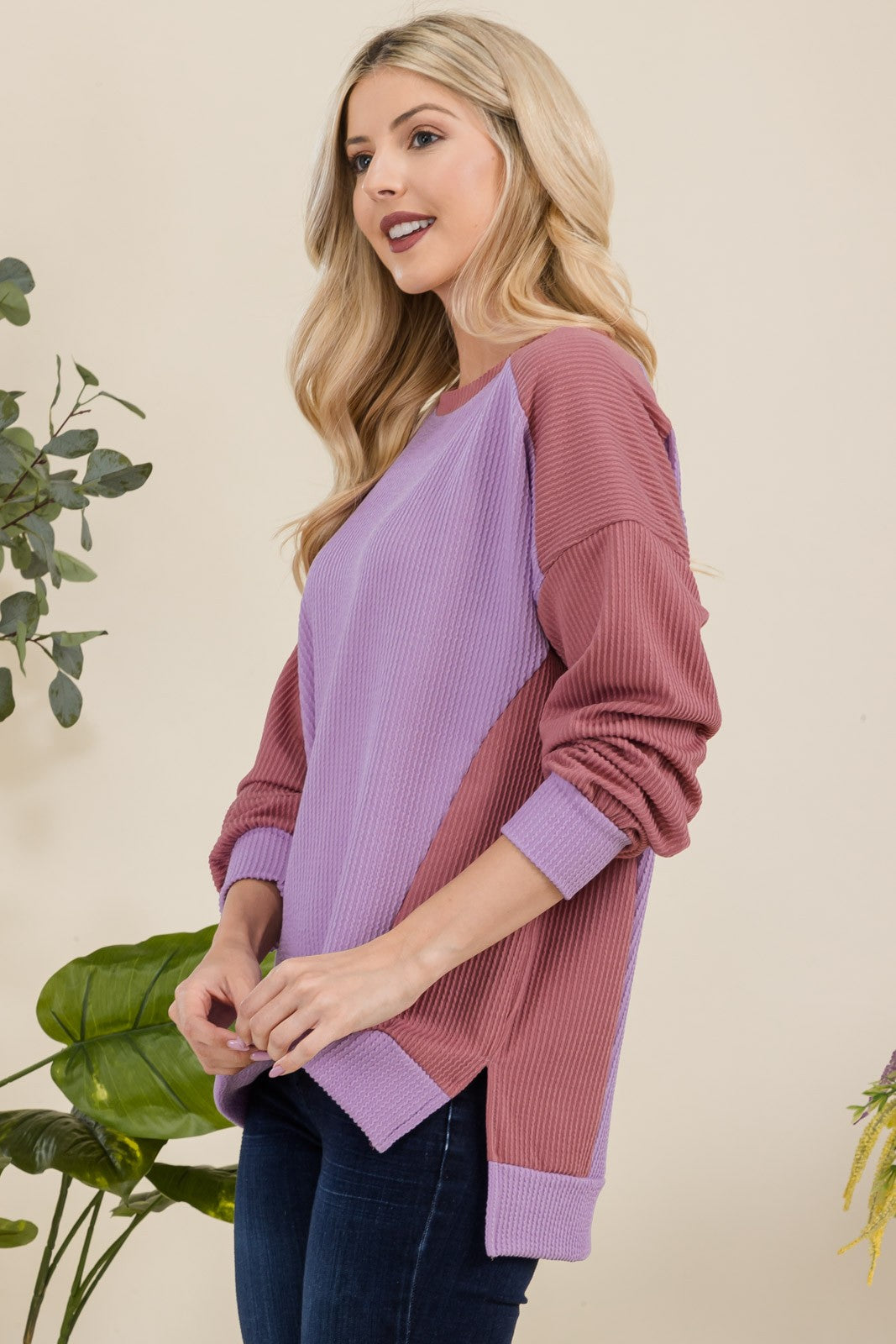 Celeste Full Size High-Low Contrast Round Neck Sweatshirt